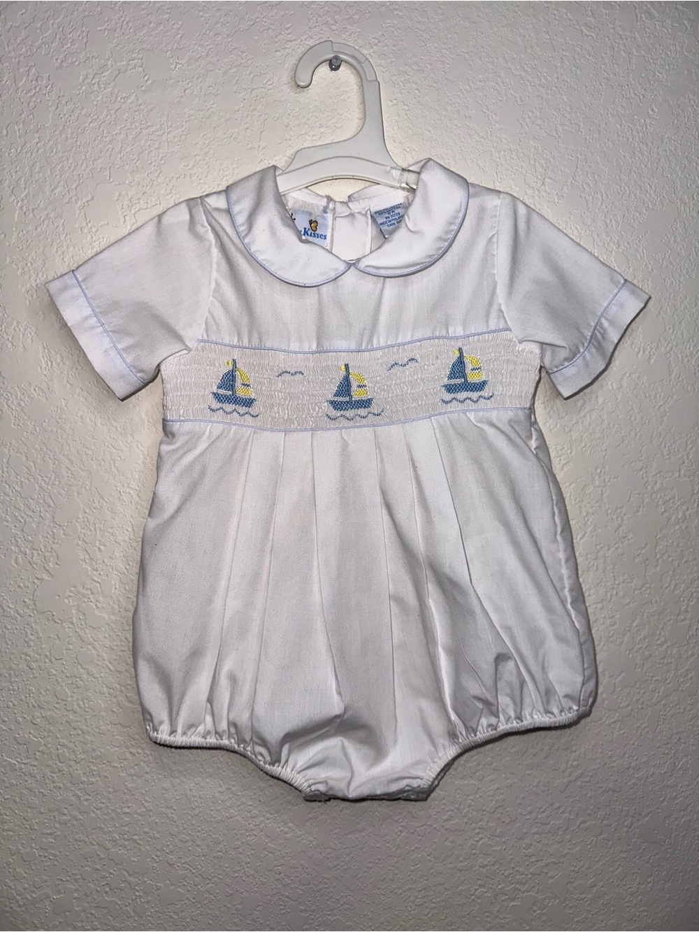 Vintage Baby Kisses White Smocked Baby Sailboat Bubble Romper Size 12 Months